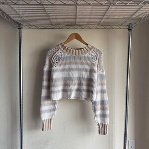Free People cropped chunky knit space dye stripe sweater neutral beige gray whit